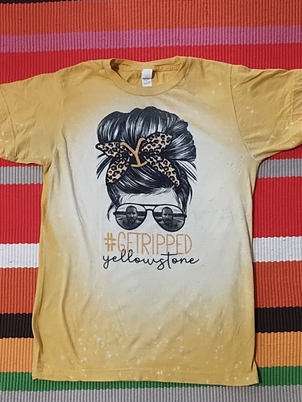 💥3/$5💥Tultex Yellow Rip  Tee with Black Hair Silhouette Small Good Condition.